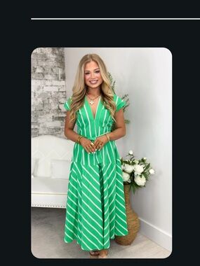 Green Striped V-Neck Maxi Dress